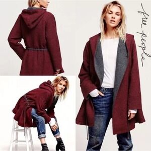 Free People Red Gray Satellite‎ Image Tweed Swing Oversized Jacket Coat XS Fall